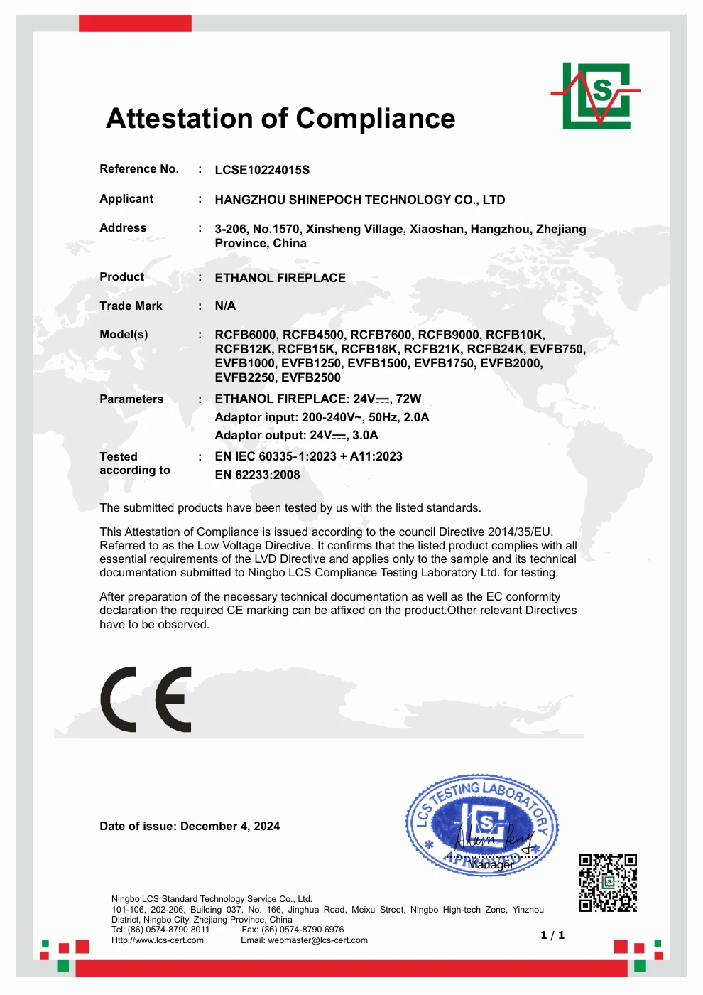 Complete LCS LVD Attestation of Compliance LCSE10224015S showing the listed ethanol models and 24 V DC, 72 W tested appliance configuration