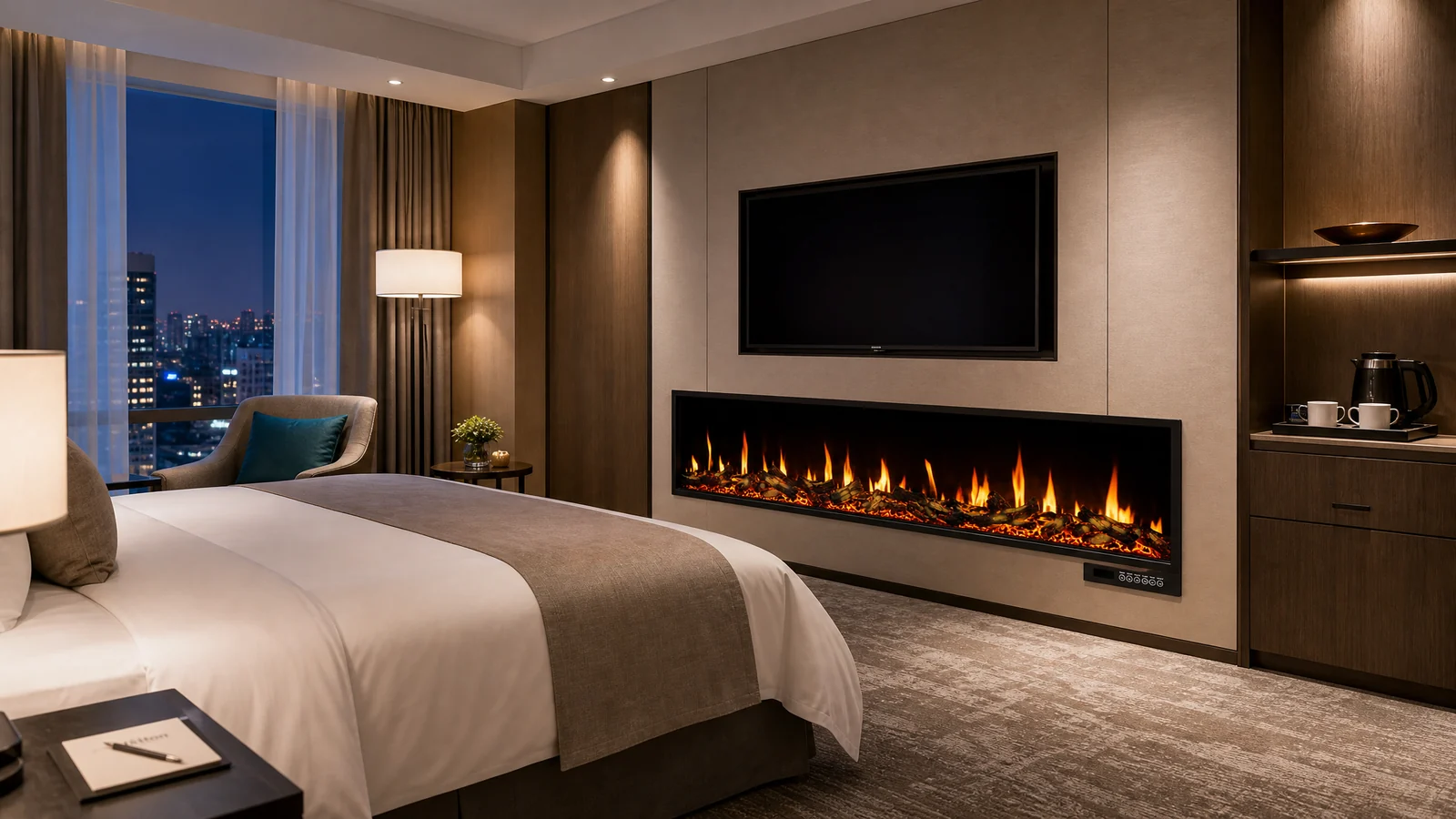 SEFIRE EVFP1800 4D holographic electric fireplace installed in a hotel room interior