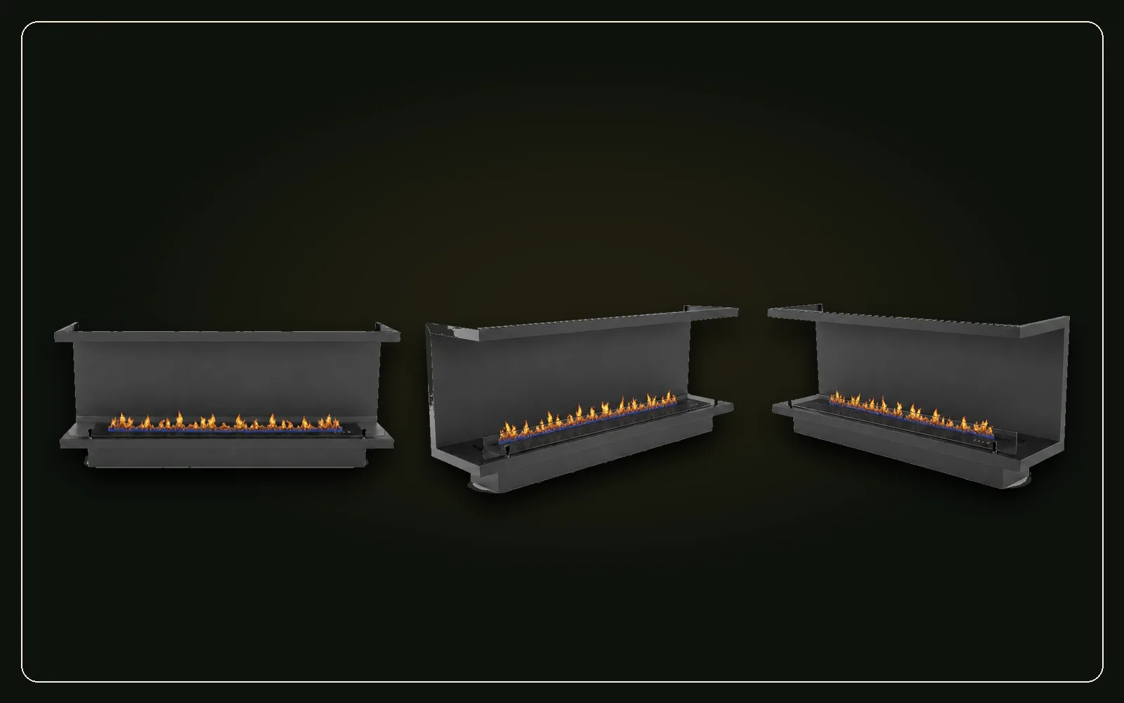 Three views of a SEFIRE three-sided bay fireplace firebox