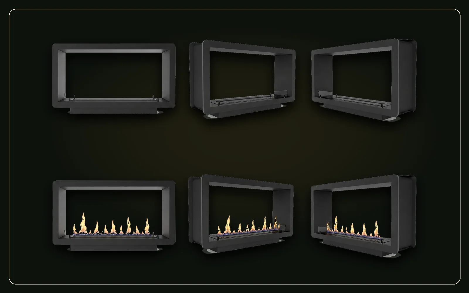 Six views of SEFIRE double-sided see-through fireplace fireboxes