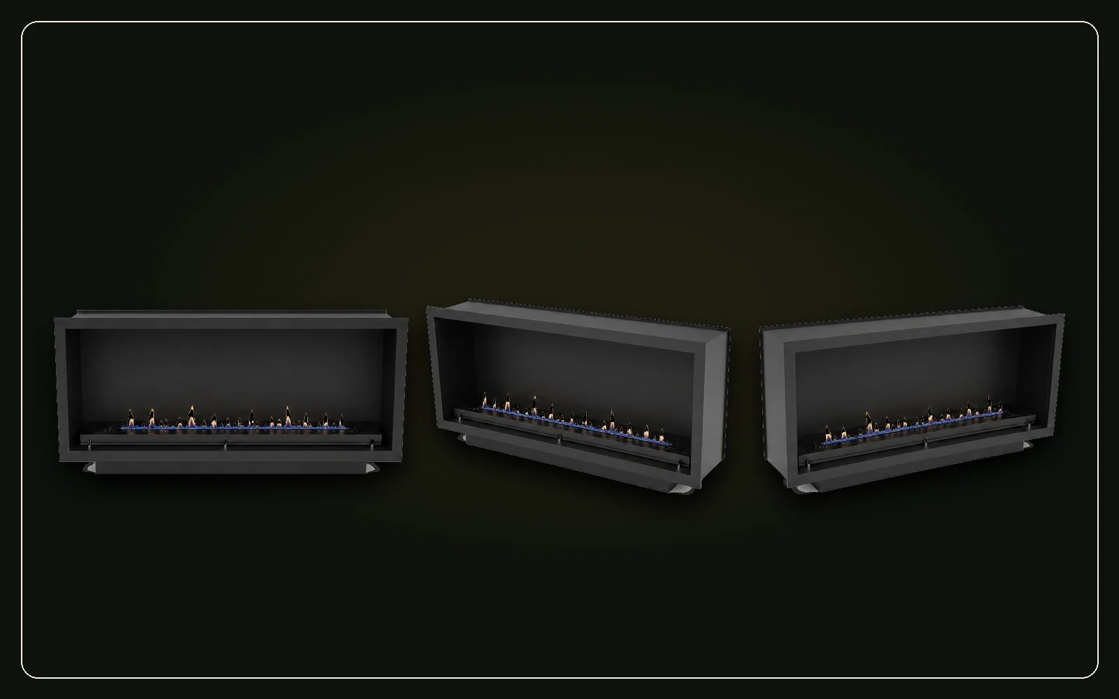 Three views of a SEFIRE single-sided front-facing fireplace firebox