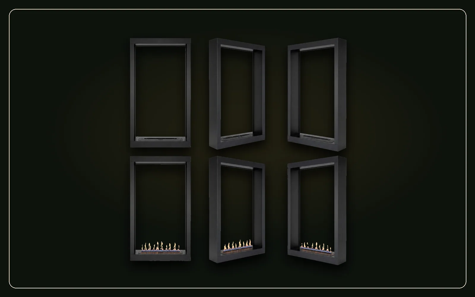 Six views of tall vertical see-through SEFIRE fireplace fireboxes