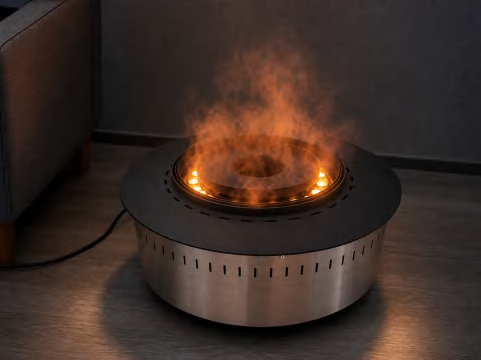 SEFIRE IRVF round indoor water vapor fireplace creating a circular mist flame in an interior