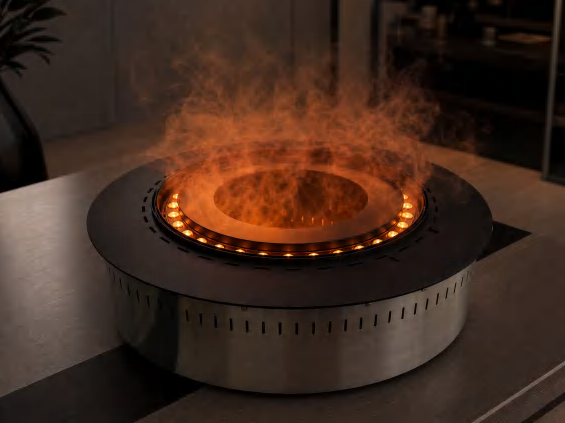 SEFIRE IRVF indoor round 3D water vapor fireplace operating on a dark tabletop