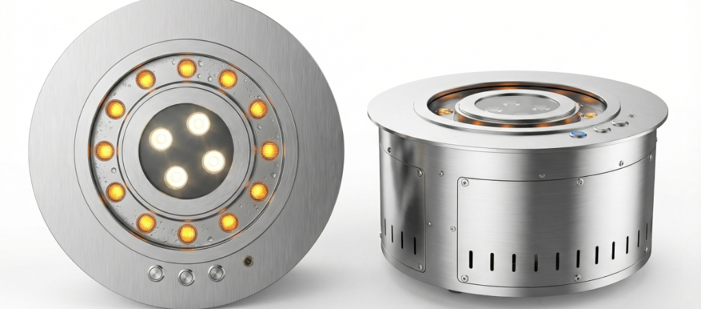 Silver SEFIRE ODVF350 round outdoor water vapor fireplace shown from top and side